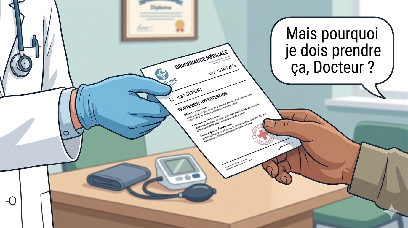 Un médecin généraliste remet une ordonnance pour le traitement de l'HTA à son patient