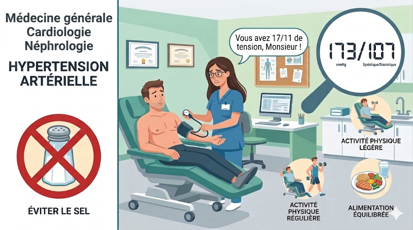 Une jeune femme médecin prend la tension artérielle d'un homme de 38 ans et lui dit qu'il a trop de tension. Que faire ? Manger moins de sel et surveiller son alimentation pour commencer