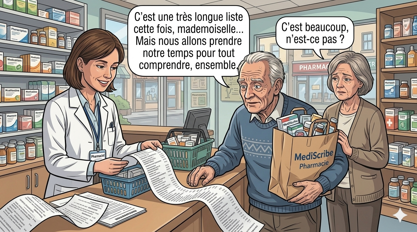 un couple de personnes âgées est à la pharmacie pour retirer tous les médicaments du vieil homme. Il est polymédiqué, et a une très longue ordonnance
